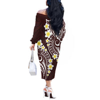 Plumeria With Oxblood Polynesian Tattoo Pattern Off The Shoulder Long Sleeve Dress