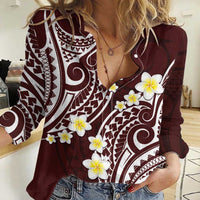 Plumeria With Oxblood Polynesian Tattoo Pattern Women Casual Shirt