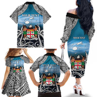 Personalised Happy 50th Fiji Day Family Matching Off The Shoulder Long Sleeve Dress and Hawaiian Shirt Forever Fiji With Tapa Tribal Pattern
