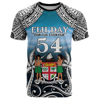 Personalised Happy 54th Fiji Day T Shirt Forever Fiji With Tapa Tribal Pattern LT05 Blue - Polynesian Pride