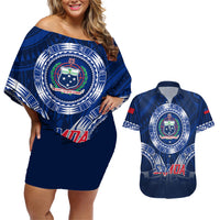 Custom Samoa Rugby Couples Matching Off Shoulder Short Dress and Hawaiian Shirt World Cup 2023 Coat Of Arms With Polynesian Pattern LT05 Blue - Polynesian Pride