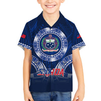 Custom Samoa Rugby Family Matching Off Shoulder Long Sleeve Dress and Hawaiian Shirt World Cup 2023 Coat Of Arms With Polynesian Pattern LT05 Son's Shirt Blue - Polynesian Pride