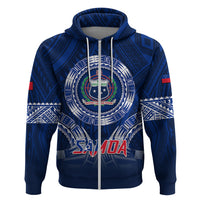 Custom Samoa Rugby Hoodie World Cup 2023 Coat Of Arms With Polynesian Pattern LT05 Zip Hoodie Blue - Polynesian Pride