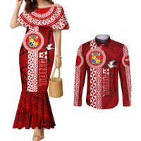 Tonga Rugby Couples Matching Mermaid Dress and Long Sleeve Button Shirts World Cup 2023 Coat Of Arms Ngatu Pattern LT05 Red - Polynesian Pride