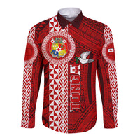 Tonga Rugby Long Sleeve Button Shirt World Cup 2023 Coat Of Arms Ngatu Pattern LT05 Unisex Red - Polynesian Pride