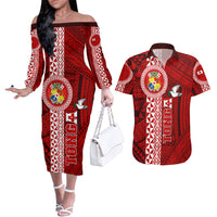 Custom Tonga Rugby Couples Matching Off The Shoulder Long Sleeve Dress and Hawaiian Shirt World Cup 2023 Coat Of Arms Ngatu Pattern LT05 Red - Polynesian Pride