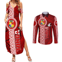 Custom Tonga Rugby Couples Matching Summer Maxi Dress and Long Sleeve Button Shirts World Cup 2023 Coat Of Arms Ngatu Pattern LT05 Red - Polynesian Pride