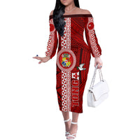 Custom Tonga Rugby Family Matching Off Shoulder Long Sleeve Dress and Hawaiian Shirt World Cup 2023 Coat Of Arms Ngatu Pattern LT05 Mom's Dress Red - Polynesian Pride