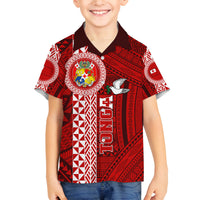 Custom Tonga Rugby Family Matching Off Shoulder Long Sleeve Dress and Hawaiian Shirt World Cup 2023 Coat Of Arms Ngatu Pattern LT05 Son's Shirt Red - Polynesian Pride