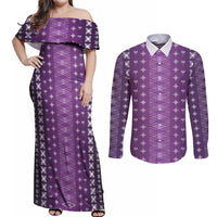 Purple Samoa Malu Tattoo Inspired Couples Matching Off Shoulder Maxi Dress and Long Sleeve Button Shirt - Polynesian Pride