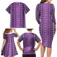 Purple Samoa Malu Tattoo Inspired Family Matching Long Sleeve Bodycon Dress and Hawaiian Shirt LT05 - Polynesian Pride