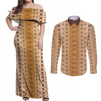 Beige Samoa Malu Tattoo Inspired Couples Matching Off Shoulder Maxi Dress and Long Sleeve Button Shirt LT05 Beige - Polynesian Pride