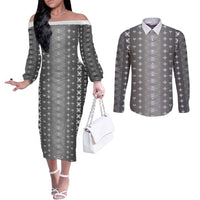 Black Samoa Malu Tattoo Inspired Couples Matching Off The Shoulder Long Sleeve Dress and Long Sleeve Button Shirt LT05 Black - Polynesian Pride