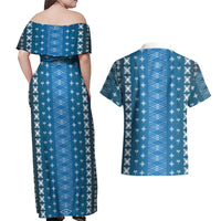 Blue Samoa Malu Tattoo Inspired Couples Matching Off Shoulder Maxi Dress and Hawaiian Shirt - Polynesian Pride