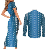Blue Samoa Malu Tattoo Inspired Couples Matching Short Sleeve Bodycon Dress and Long Sleeve Button Shirt - Polynesian Pride