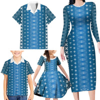 Blue Samoa Malu Tattoo Inspired Family Matching Long Sleeve Bodycon Dress and Hawaiian Shirt LT05 - Polynesian Pride