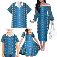Blue Samoa Malu Tattoo Inspired Family Matching Off The Shoulder Long Sleeve Dress and Hawaiian Shirt LT05 - Polynesian Pride