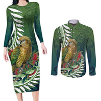 New Zealand Kea Bird Couples Matching Long Sleeve Bodycon Dress and Long Sleeve Button Shirt With Maori Koru Fern - Polynesian Pride
