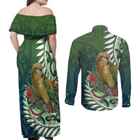 New Zealand Kea Bird Couples Matching Off Shoulder Maxi Dress and Long Sleeve Button Shirt With Maori Koru Fern - Polynesian Pride