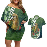 New Zealand Kea Bird Couples Matching Off Shoulder Short Dress and Hawaiian Shirt With Maori Koru Fern - Polynesian Pride
