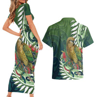 New Zealand Kea Bird Couples Matching Short Sleeve Bodycon Dress and Hawaiian Shirt With Maori Koru Fern - Polynesian Pride