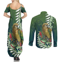New Zealand Kea Bird Couples Matching Summer Maxi Dress and Long Sleeve Button Shirt With Maori Koru Fern - Polynesian Pride