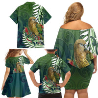 New Zealand Kea Bird Family Matching Off Shoulder Short Dress and Hawaiian Shirt With Maori Koru Fern - Polynesian Pride