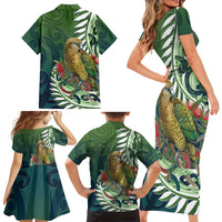 New Zealand Kea Bird Family Matching Short Sleeve Bodycon Dress and Hawaiian Shirt With Maori Koru Fern - Polynesian Pride