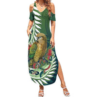 New Zealand Kea Bird Summer Maxi Dress With Maori Koru Fern LT05 Women Green - Polynesian Pride