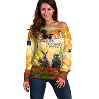 Australia And New Zealand ANZAC Day Off Shoulder Sweater Kangaroo And Kiwi Bird Soldiers Lest We Forget LT05 Women Yellow - Polynesian Pride