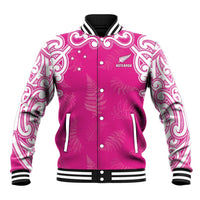 New Zealand Fern Women Rugby Custom Baseball Jacket Pink Maori Pattern