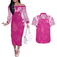 New Zealand Fern Women Rugby Custom Couples Matching Off The Shoulder Long Sleeve Dress and Hawaiian Shirt Pink Maori Pattern