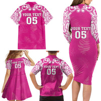 New Zealand Fern Women Rugby Custom Family Matching Long Sleeve Bodycon Dress and Hawaiian Shirt Pink Maori Pattern