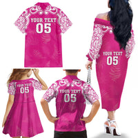 New Zealand Fern Women Rugby Custom Family Matching Off The Shoulder Long Sleeve Dress and Hawaiian Shirt Pink Maori Pattern