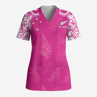 New Zealand Fern Women Rugby Custom Scrub Top Pink Maori Pattern - Polynesian Pride