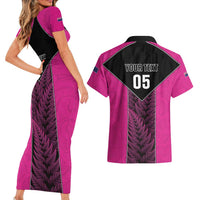 New Zealand Fern Rugby Custom Couples Matching Short Sleeve Bodycon Dress and Hawaiian Shirt Pink Maori Pattern