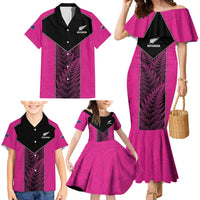 New Zealand Fern Rugby Custom Family Matching Mermaid Dress and Hawaiian Shirt Pink Maori Pattern