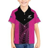 New Zealand Fern Rugby Custom Family Matching Short Sleeve Bodycon Dress and Hawaiian Shirt Pink Maori Pattern