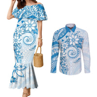 Polynesian Pattern With Plumeria Flowers Couples Matching Mermaid Dress and Long Sleeve Button Shirt Blue LT05 Blue - Polynesian Pride