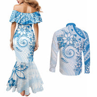 Polynesian Pattern With Plumeria Flowers Couples Matching Mermaid Dress and Long Sleeve Button Shirt Blue LT05 - Polynesian Pride