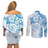 Polynesian Pattern With Plumeria Flowers Couples Matching Off Shoulder Short Dress and Long Sleeve Button Shirt Blue LT05 - Polynesian Pride
