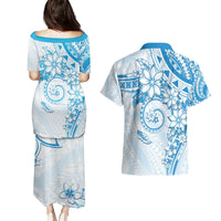 Polynesian Pattern With Plumeria Flowers Couples Matching Puletasi and Hawaiian Shirt Blue LT05 - Polynesian Pride