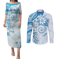 Polynesian Pattern With Plumeria Flowers Couples Matching Puletasi and Long Sleeve Button Shirt Blue