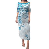Polynesian Pattern With Plumeria Flowers Puletasi Blue LT05 Long Dress Blue - Polynesian Pride