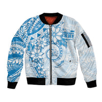 Polynesian Pattern With Plumeria Flowers Sleeve Zip Bomber Jacket Blue