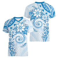 Polynesian Pattern With Plumeria Flowers Women V-Neck T-Shirt Blue