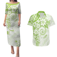 Polynesian Pattern With Plumeria Flowers Couples Matching Puletasi and Hawaiian Shirt Lime Green LT05 Lime Green - Polynesian Pride