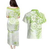 Polynesian Pattern With Plumeria Flowers Couples Matching Puletasi and Hawaiian Shirt Lime Green LT05 - Polynesian Pride