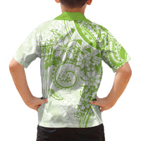 Polynesian Pattern With Plumeria Flowers Family Matching Off Shoulder Short Dress and Hawaiian Shirt Lime Green