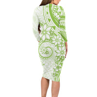 Polynesian Pattern With Plumeria Flowers Long Sleeve Bodycon Dress Lime Green